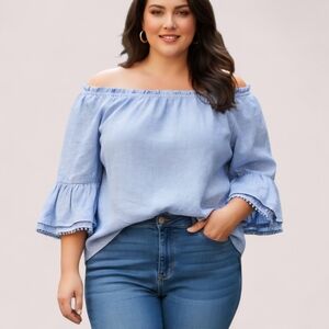 Charter Club Linen Peasant Blouse Top Striped Blue Bell Sleeves Mini Pom Poms XL